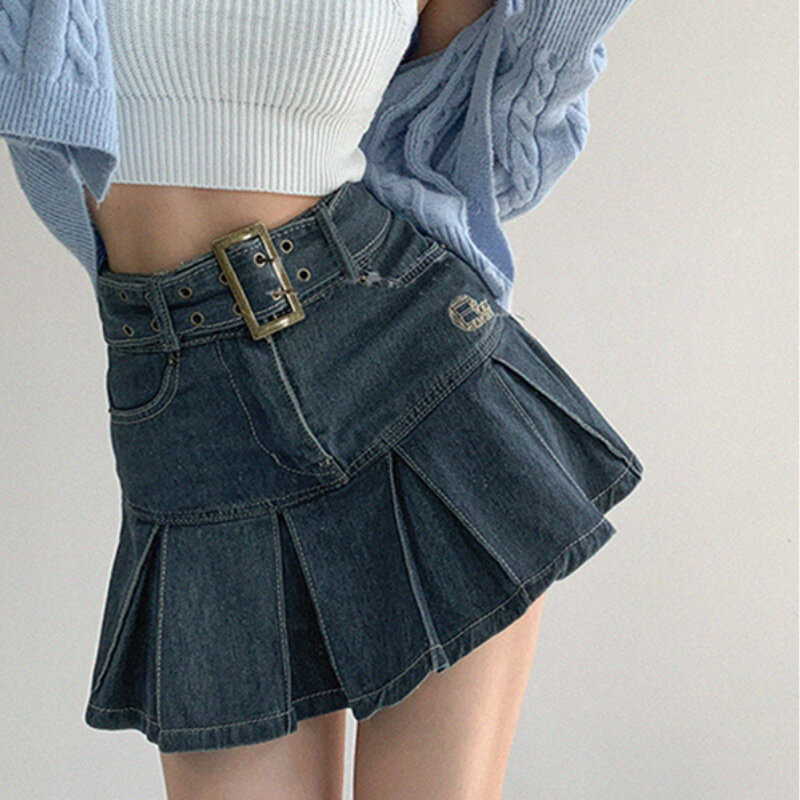 Novo verão denim saia curta feminina retro sexy cintura alta a linha cinto plissado saias coreano senhoras moda quente menina estilo saia