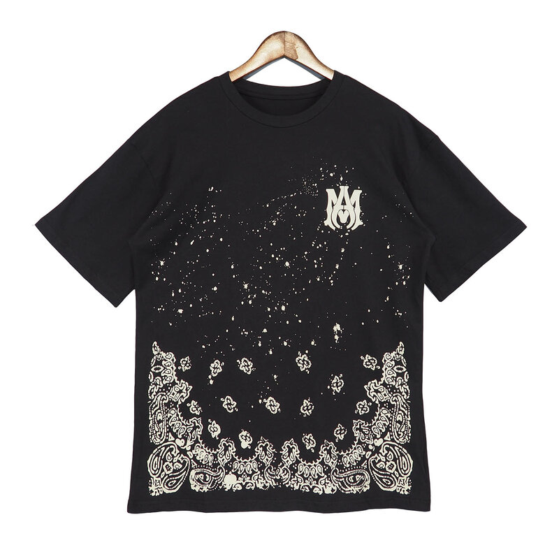 AMIRI uliczny styl marki drukowanie gwiazda atramentu z krótkim rękawem lato luźne OS bawełny wokół szyi T-shirt męski i damski
