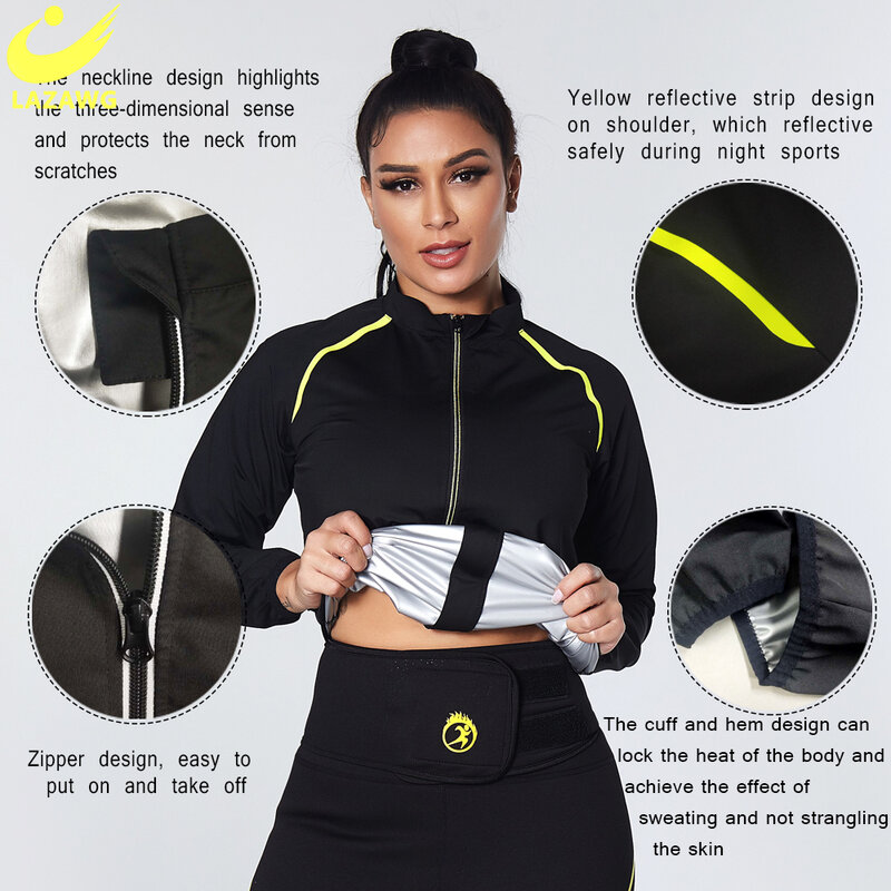 LAZAWG Sauna Suit for Women Slimming Shirts Long Sleeve Sweat Clothes Hot Thermal Fitness Body Shaper Yoga Tops Waist Trainer