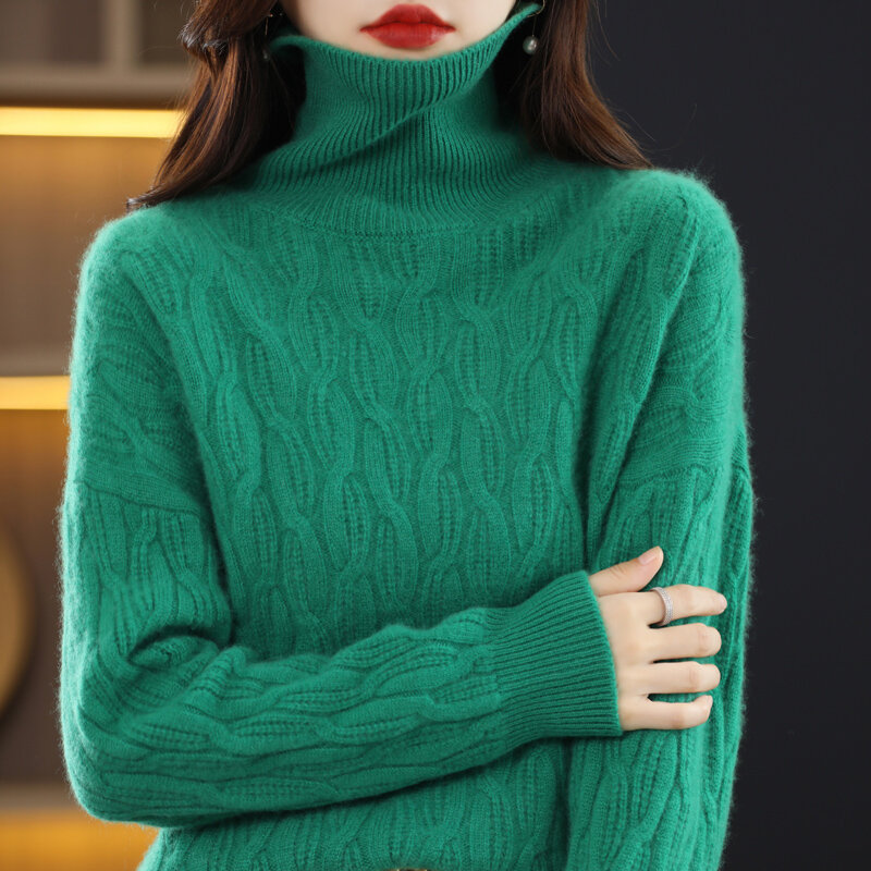 Nuovo autunno e inverno collo alto da donna tinta unita Twist Pullover allentato camicia di lana lavorata a maglia coreana