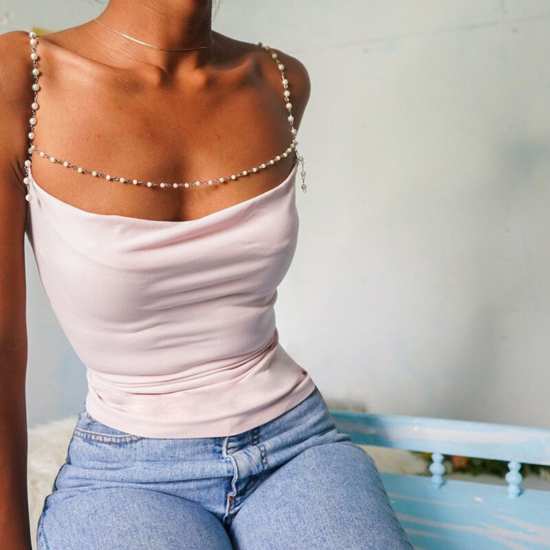 Women's 2022 Summer New Solid Color Top Women's Short Bareback Pearl Chain Small Suspender Women Traf Y2k Clothes Crop Tops Tees