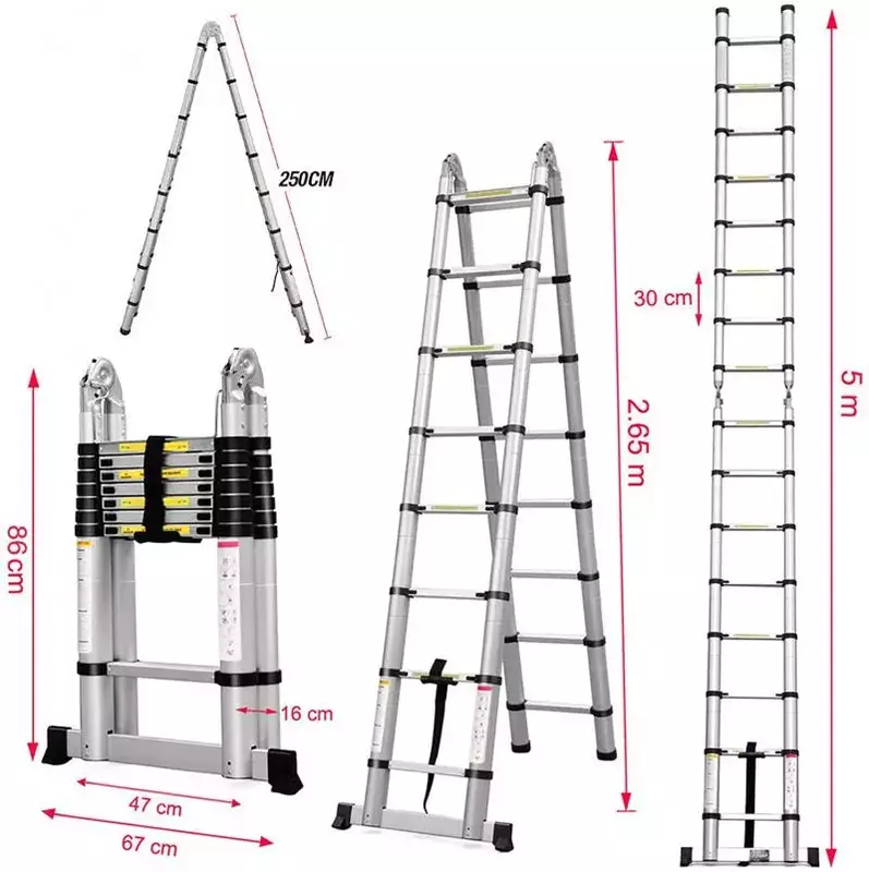 Escalera de espiga plegable de aleación de aluminio, herramientas para el hogar, 2/2, 6/3, 6/3, 8/4, 7/5M, extensión telescópica retráctil, HWC