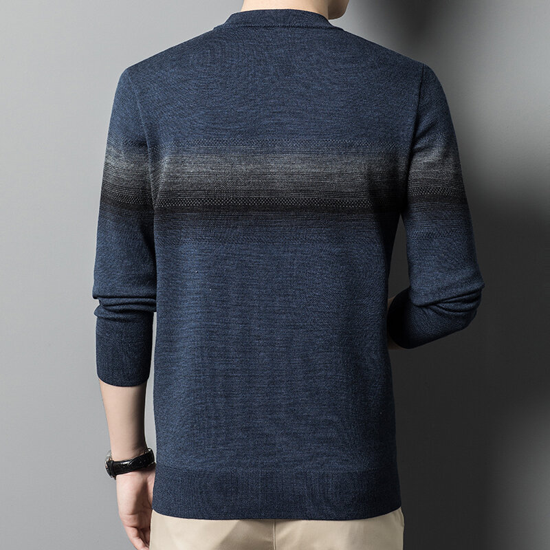 Autumn and Winter Pure Wool Sweater Men's New Gradient round Neck Pullover Thickened Casual Sweaters Top