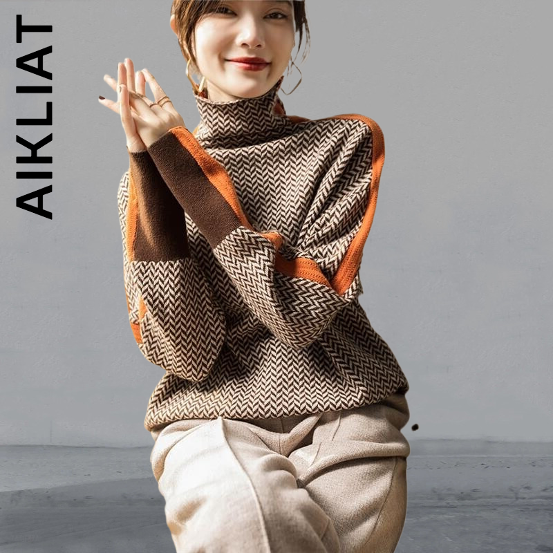 Aikliat Turtleneck Women Sweater Fashion Knitted Popular Vintage Top Women Streetwear Cheap Knit Sweater Chic Soft Female