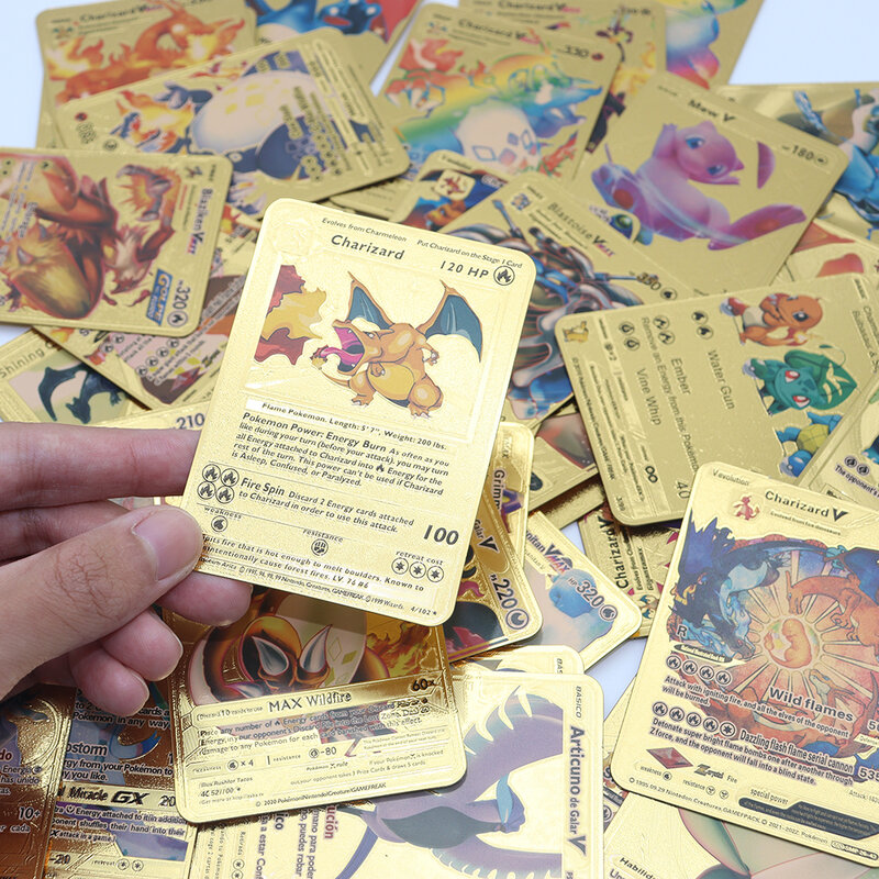 Cartes Pokemon or argent noir, 15-81 pièces, Collection combinée, anglais espagnol français allemand Vmax Pikachu Charizard, cadeau