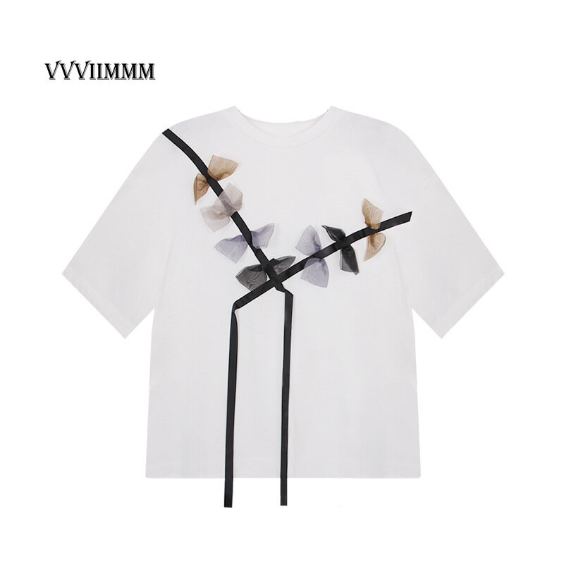 여름 새로운 여성의 활 Splicing 짧은 소매 흰색 라운드 목 풀오버 t-셔츠 자르기 가기 탑 여성 의류 Y2k 일출 티셔츠