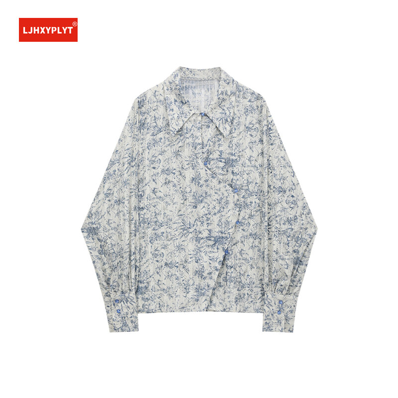 Chińska stylowa koszula damska wiosna lato kwiatowe nadruki Retro atrament niebieska woda kropla przycisk plisy tekstura bluzka z długim rękawem kobieta