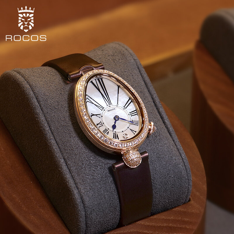 ROCOS 여성용 럭셔리 브랜드 시계, 여성용 가죽 방수 시계, 타원형 쿼츠 손목시계, 고품질 패션