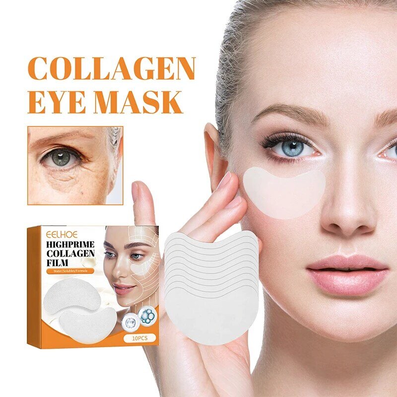 Ácido hialurônico Hidratante Eye Mask, colágeno, filme solúvel, vitamina Patches, reafirmante, rosto, círculos escuros, cuidados com a pele, 10pcs