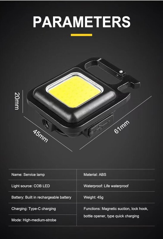 Đèn Pin LED Mini Làm Việc Đèn Di Động Bỏ Túi Đèn Pin Móc Khóa Sạc Điện USB Để Cắm Trại Ngoài Trời Ánh Sáng Nhỏ Miếng Dán Chống Nắng Tĩnh