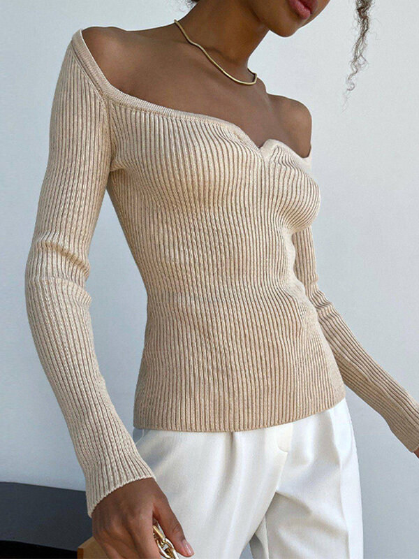 Sweter Lengan Panjang Solid untuk Wanita Seksi dari Bahu Pullover Atasan Rajutan Ramping 2022 Jumper Sweter Musim Gugur Musim Dingin Elegan
