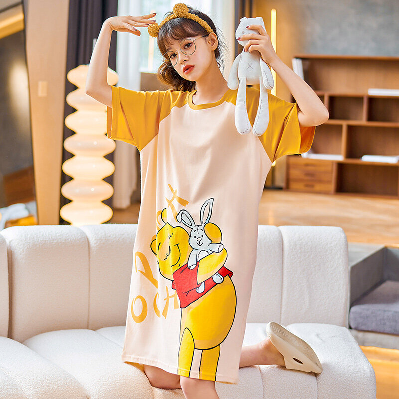 Disney M-3XL Rời Mùa Hè Nữ Váy Ngủ Cotton Ngắn Tay Winnie The Pooh Dễ Thương Kawaii Sleepshirt Nữ Pijama Váy Ngủ