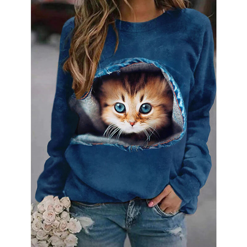 2022 novo gato 3d impressão camiseta moda feminina casual o-pescoço topos manga longa primavera verão vintage oversize pulôver t camisa