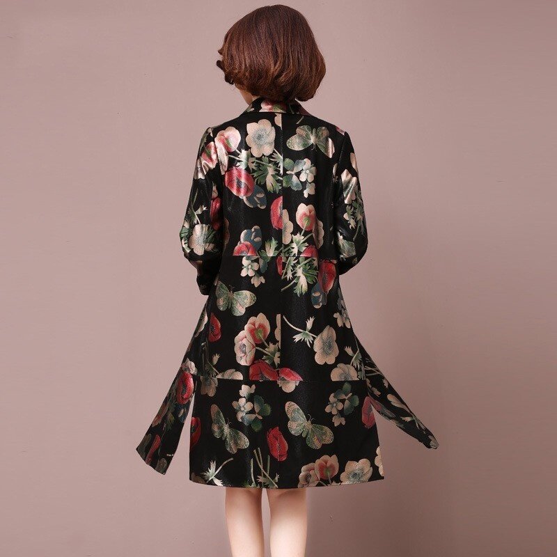 女性のための花柄の本革のジャケット,長いシングルブレストのジャケット,ラムスキンのウインドブレーカー,新しい秋のコレクション