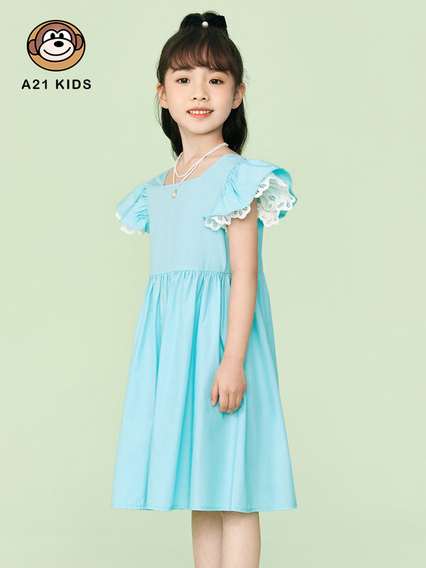 A21 Kids Clothes  Casual Summer Dress 2022 New Fashion Chic Solid Color Draped Square Neck Ruffle Short Sleeve A Hem Dresses