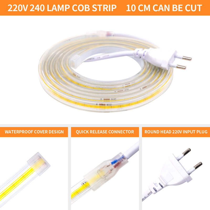 COB LED Strip Lights 220V Ultra-bright CRI 90 flessibile ad alta densità lineare 240LED/m Tape Outdoor IP67 lampada impermeabile per camera