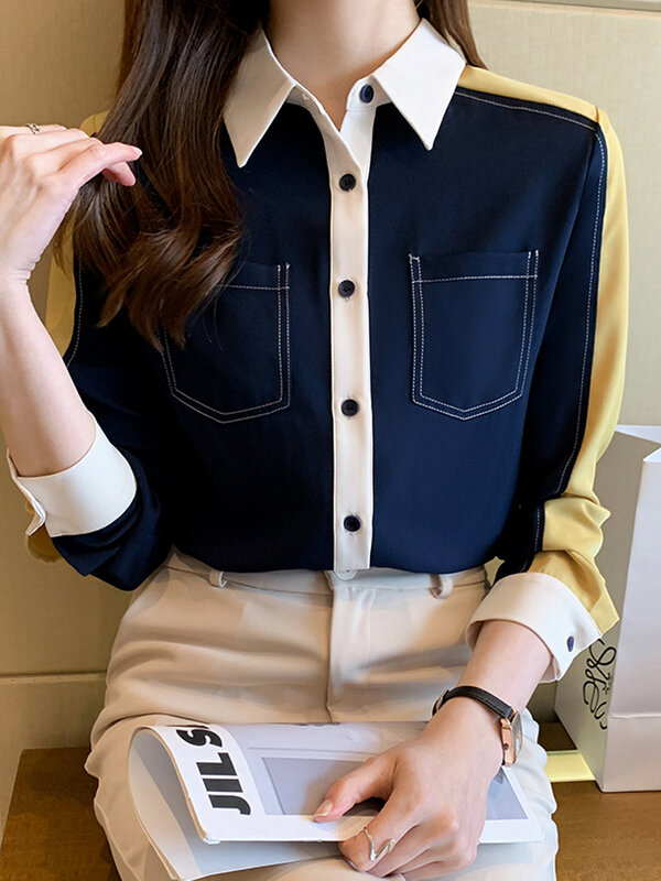 Chiffon Shirt women Blouses Ladies work Wear Breasted color contrast Fashion Color Matching Long-sleeved Top Blouse 2022
