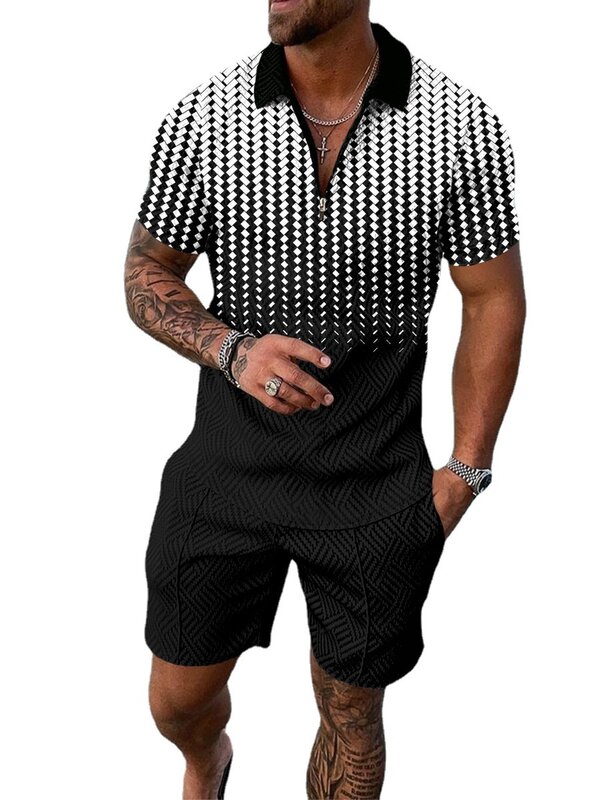 Mannen Sportkleding Hoge Kwaliteit 3D Print Korte Mouwen Zip Polo Shirt + Shorts Set Mannen Casual Streetwear 2 stuk Zomer 2022