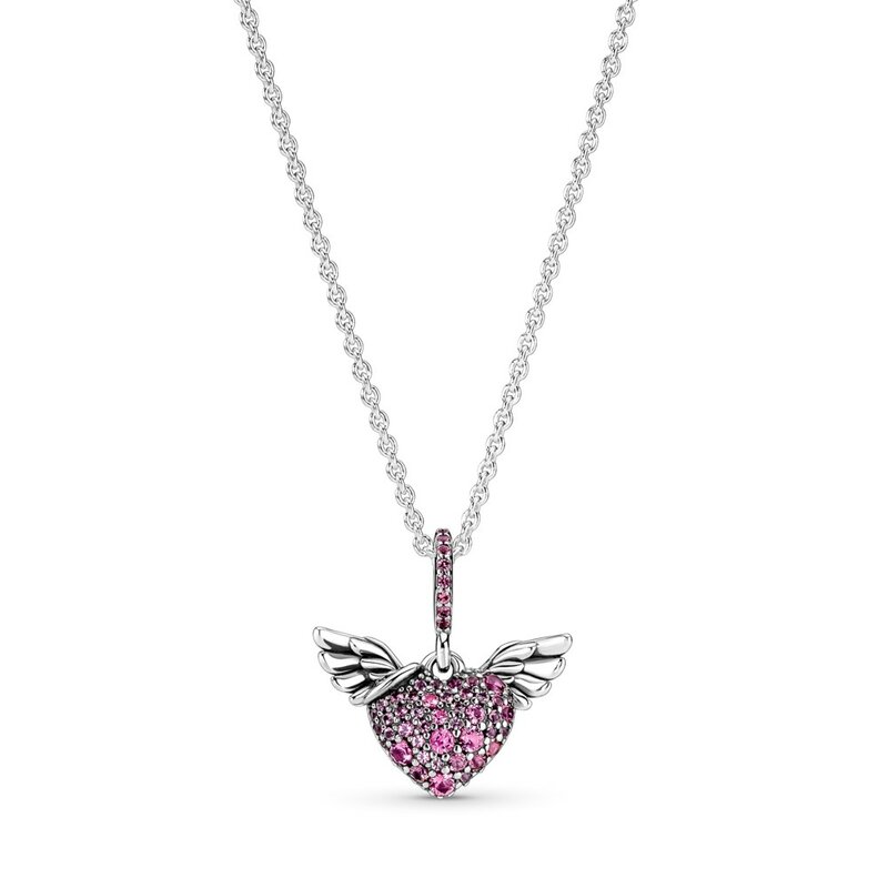 Authentic 925 Sterling Silver Pave Heart & Angel Wings Freehand Heart Necklace For Women Bead Charm Diy Fashion Jewelry