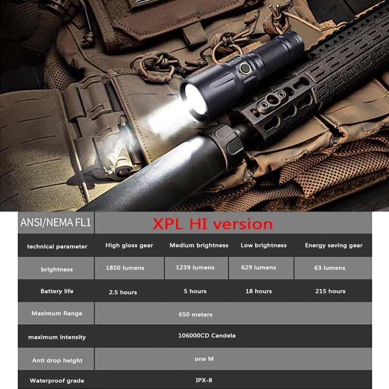 Ashast CX06 potente torcia tattica a XPL-HI LED V6 2000lm utilizza una torcia a batteria di ricarica 18650 o 26650 con indicatore di alimentazione