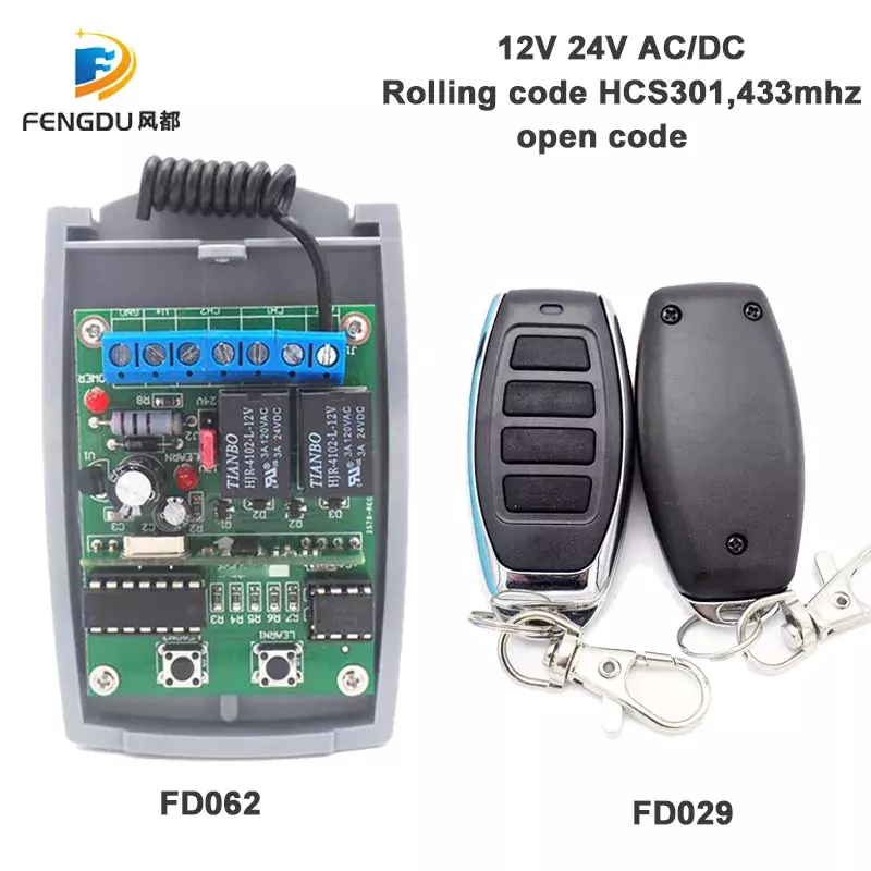 Receptor de control remoto DC12V/24V 433MHz con código rodante HCS301, control remoto de código abierto para puerta de garaje