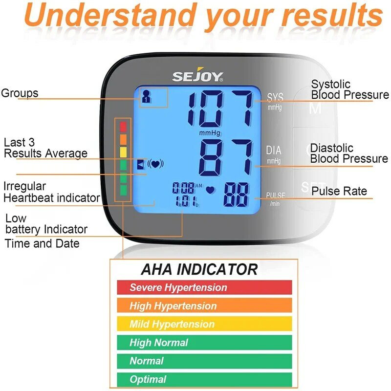 أسود ضغط الدم رصد الذراع العلوي التلقائي BP الكفة آلة مع عرض الخلفية للاستخدام المنزلي الرعاية الصحية مقياس نبض القلب متر