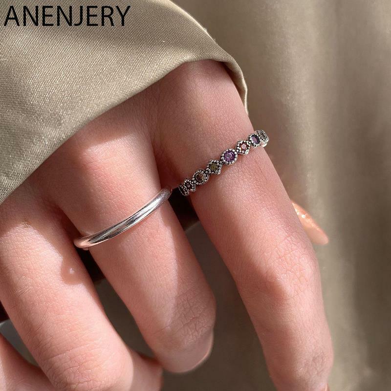 ANENJERY kolor srebrny kolorowa cyrkonia cienki pierścień dla kobiet oświetlenie Vintage Luxury obietnica Party pierścień biżuteria prezent