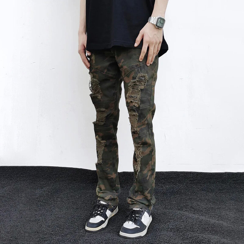 Homens y2k streetwear alta rua hiphop camuflagem buraco jeans reta rasgado verão punk rock calças casuais