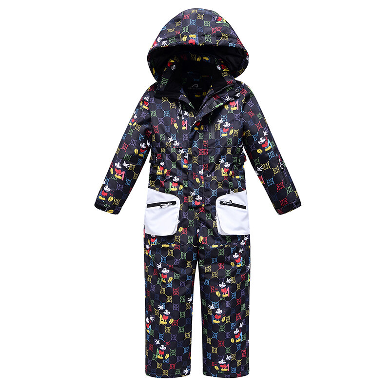 Children's Snow Suits Winter Outdoor Warm Ski Suit Kids Printing With Hat Waterproof Windproof Girls and Boy's Snow Jumpsuit