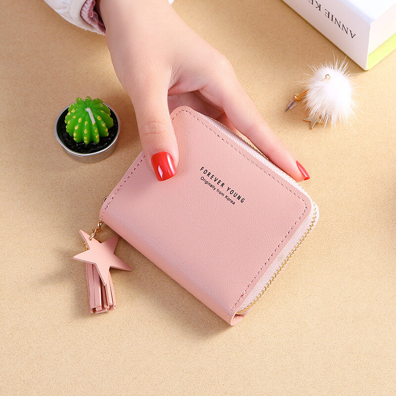Portefeuille carré Simple pour femmes, nouveau Style coréen, petite pochette à fermeture éclair courte, Mini porte-monnaie avec pompon, porte-cartes