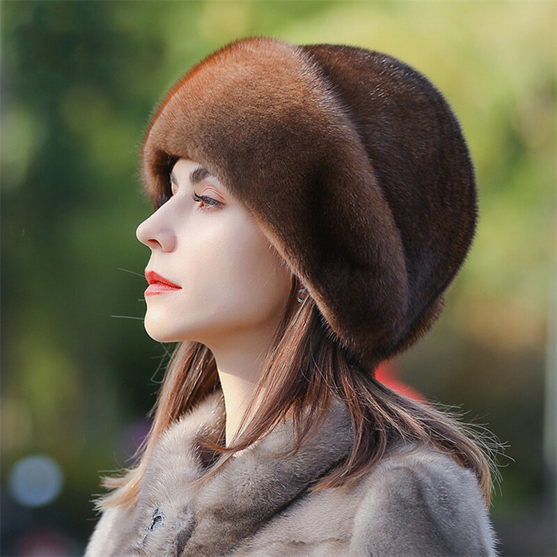 Sombreros de bombardero de piel de visón natural auténtica para mujer, gorro de piel de visón esponjoso y cálido para invierno, 2022