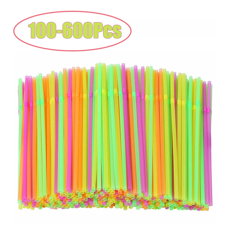 100-600Pcs Fluorescence Color Disposable Plastic Straws Drinking Cocktail Rietjes For Bar Party Plastic-Straws Kitchenware