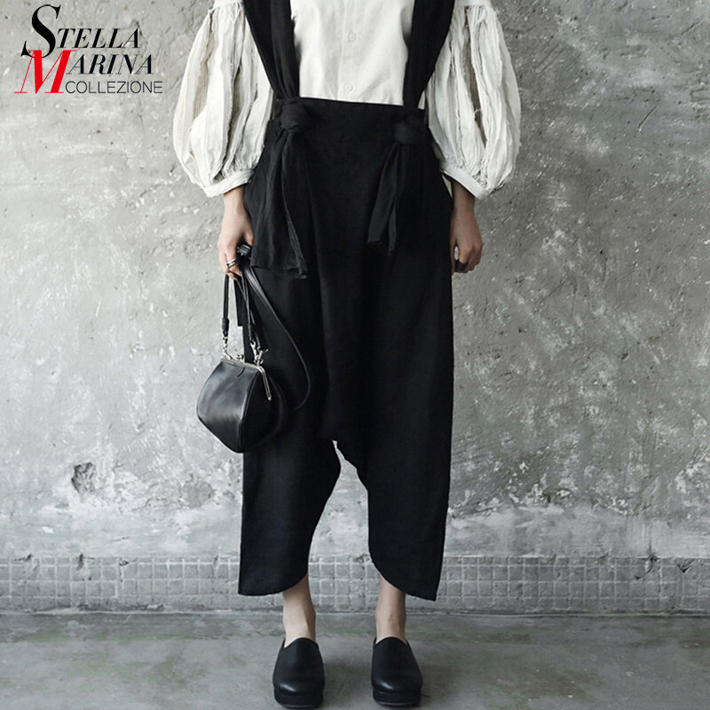 Nova primavera estilo japonês único streetwear sólido preto perna larga solta macacão cinta calças casual wear macacão apw14