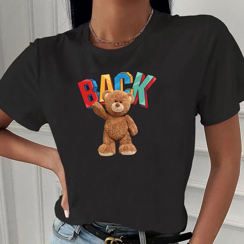 Moda urso imprimir camiseta feminina harajuku em torno do pescoço casual solto manga curta verão magro macio topos roupas hip hop streetwear