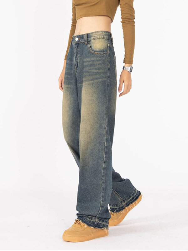 Pantalones vaqueros holgados de cintura alta para mujer, ropa de calle Vintage, estilo americano, Hip Hop, pierna ancha