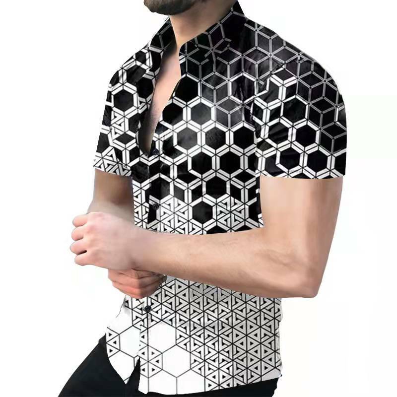 2022 neue Frühjahr Sommer Geometrische Print Shirts Männer Mode Drehen Unten Kragen Hemd Casual Strickjacke Kurzarm Straße