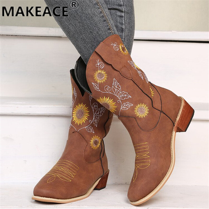 Ladies Mid-tube Boots Leather Embroidered Fashion Boots 2021 Fashion Set Foot Chelsea Boots Casual Martin Boots Calf Boots