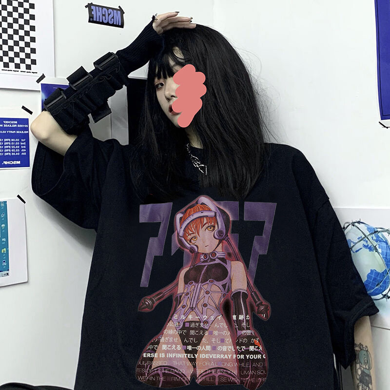 Maglietta oversize uomo Manga Girls Kanji maglietta con stampa Anime magliette Casual a maniche corte allentate magliette Streetwear estive donna