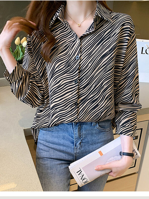 Блузка женская с леопардовым принтом, шифоновая рубашка с длинным рукавом и отложным воротником, модная одежда, весна 2022