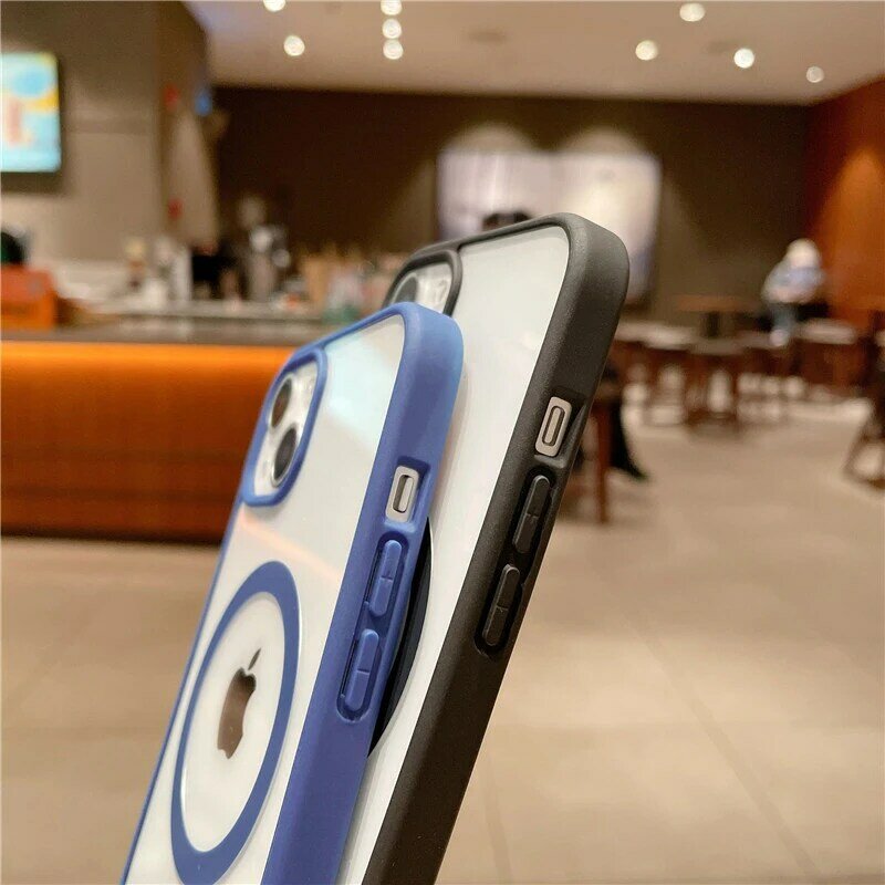 Casing Silikon Transparan Magsafe untuk iPhone 11 12 13 Pro Max Mini Cover Anti Benturan PC Keras Bening Bumper Mewah Pengisi Daya Nirkabel