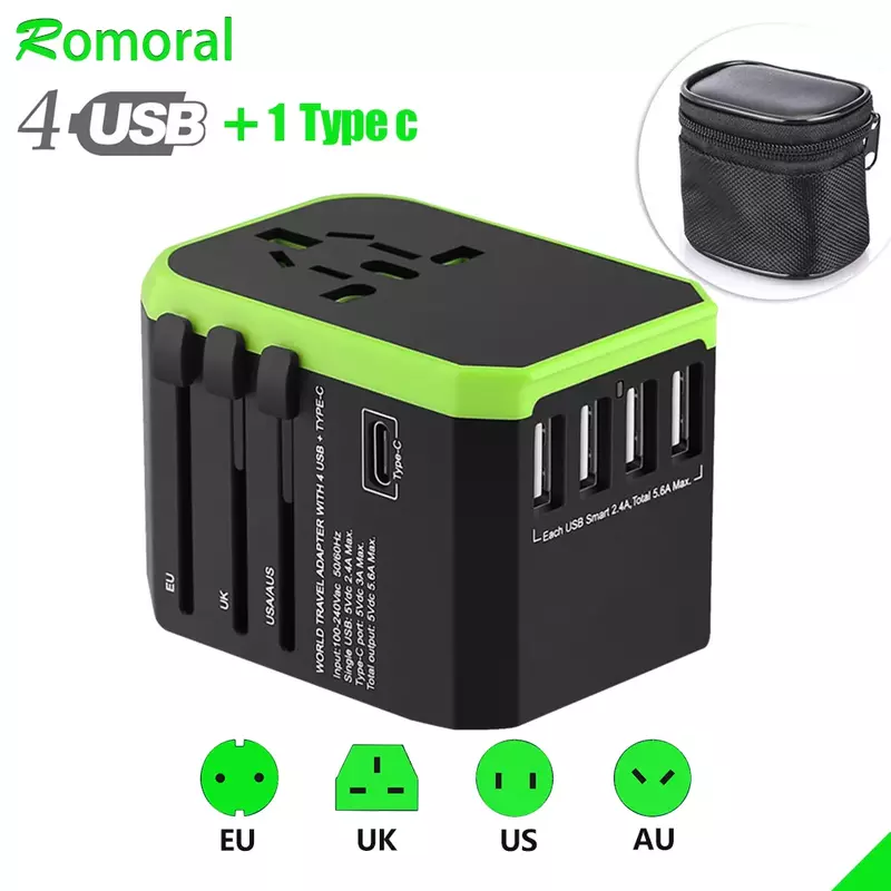 Universal Travel Adapter International Wall Charger AC Plug Adaptor with 5.6A Smart Power and 3.0A USB Type-C for US EU UK AU