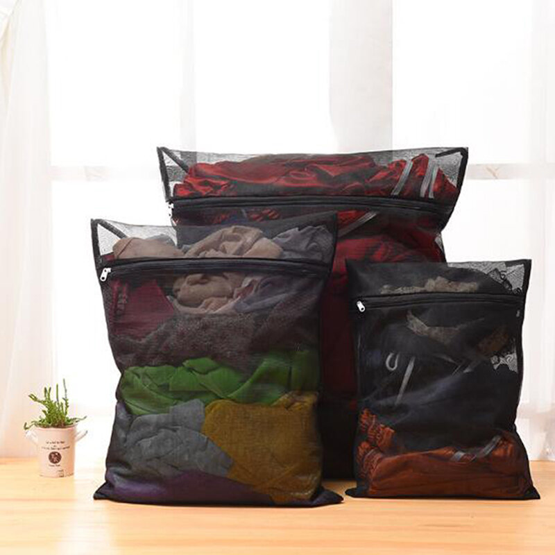 1PC Clothes Washing Machine Laundry Bag With Zipper Nylon Mesh Net Bra Washing Bag 5 Sizes Black Wash Bags