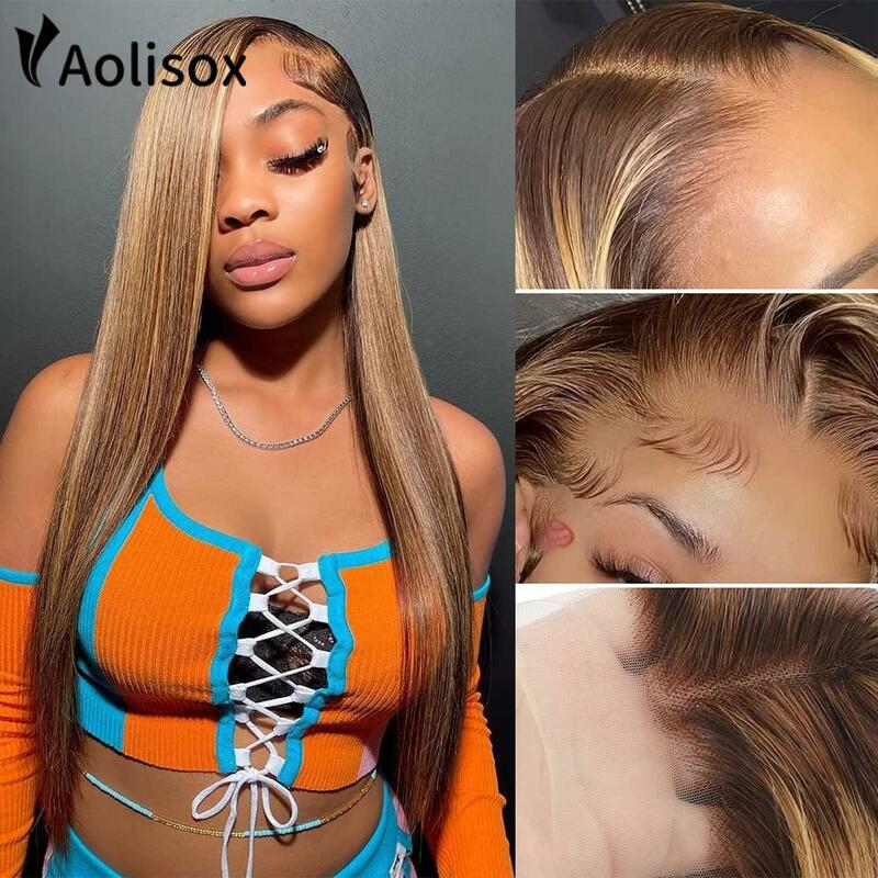 Aolisox-Peluca de cabello humano liso para mujer, postizo de encaje Frontal transparente HD, Color ombré, rubio miel, P4/27
