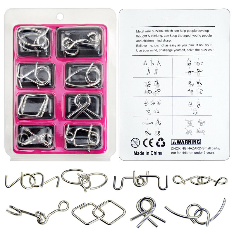 8pcs/Set Metal Montessori Puzzle Wire IQ Mind Brain Teaser Puzzles Kids Educational Interactive Game Toys for Children Adults