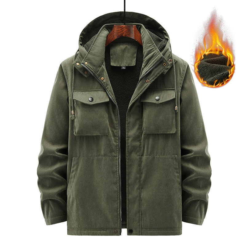 2022ฤดูหนาว Cargo ทหารชายเสื้อหนาหนาสีเขียว Parkas Hooded เสื้อผ้า Plus กำมะหยี่แฟชั่น Oversize 5XL 6XL กระเป๋าเสื้อ