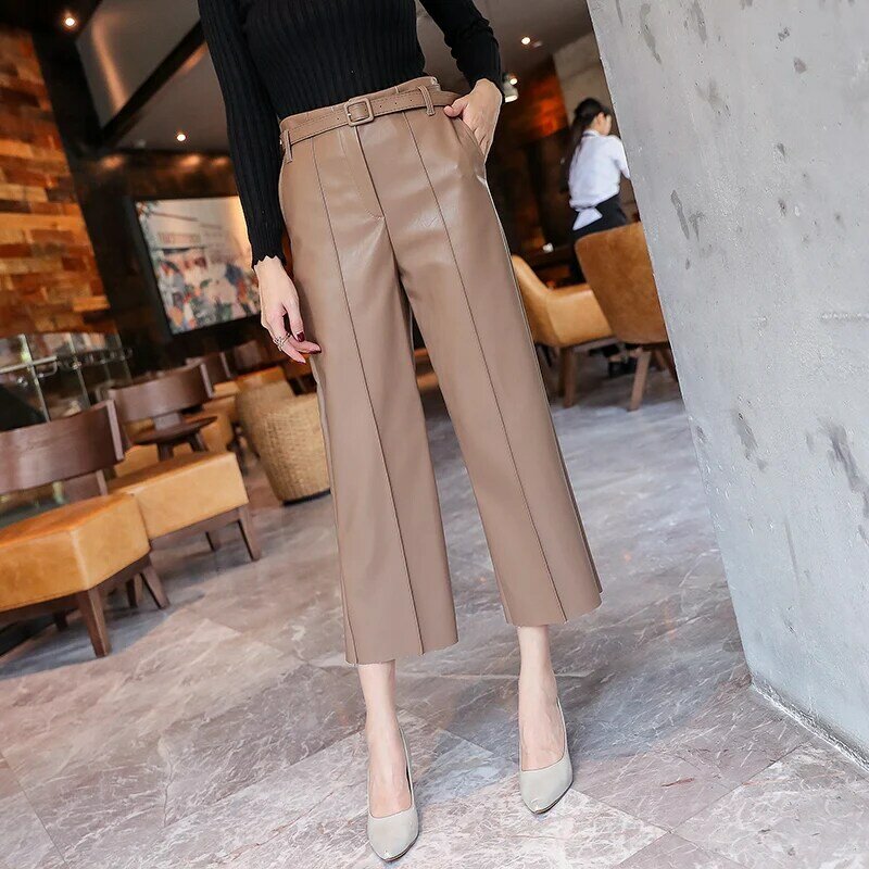 Pantalon en similicuir PU pour femme, taille haute, avec ceinture, jambes larges, nouvelle collection automne hiver 818G
