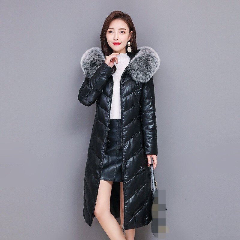 Winter of high quality leather down female jacket thin street trim fox skin long warm coat down jacket plus size