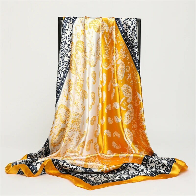 Satin Silk Hijab  Square Scarf for Women Fashion Print Paisley Headband Hair Tie Band Bandana Shawls And Wrap Foulard 90*90cm