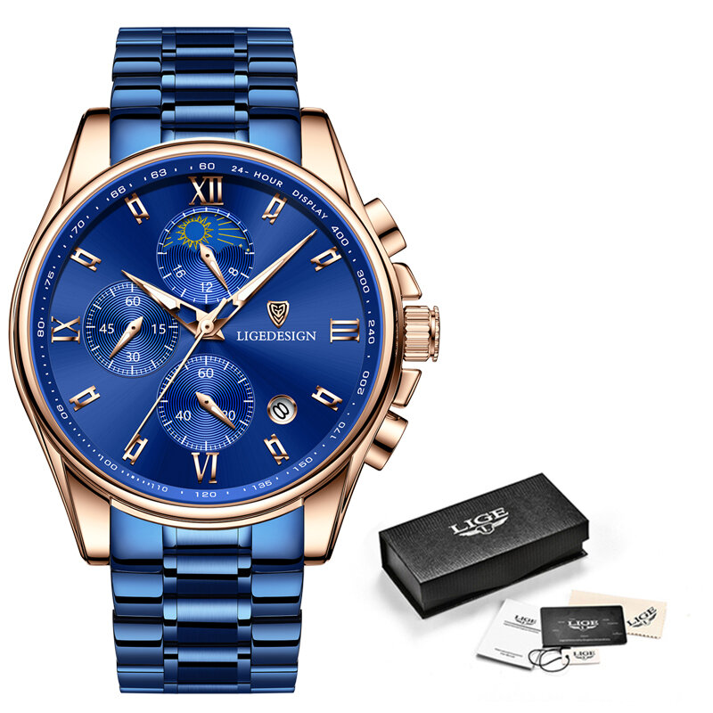 LIGE – montre de luxe à grand cadran pour hommes, classique, à Quartz, chronographe, Sport, bracelet en acier étanche