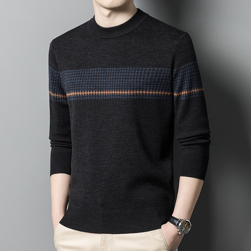 Autumn and Winter New Middle-Aged Men's Thickened Pure Wool Knit Sweater round Neck Jacquard Thermal Knitting Top